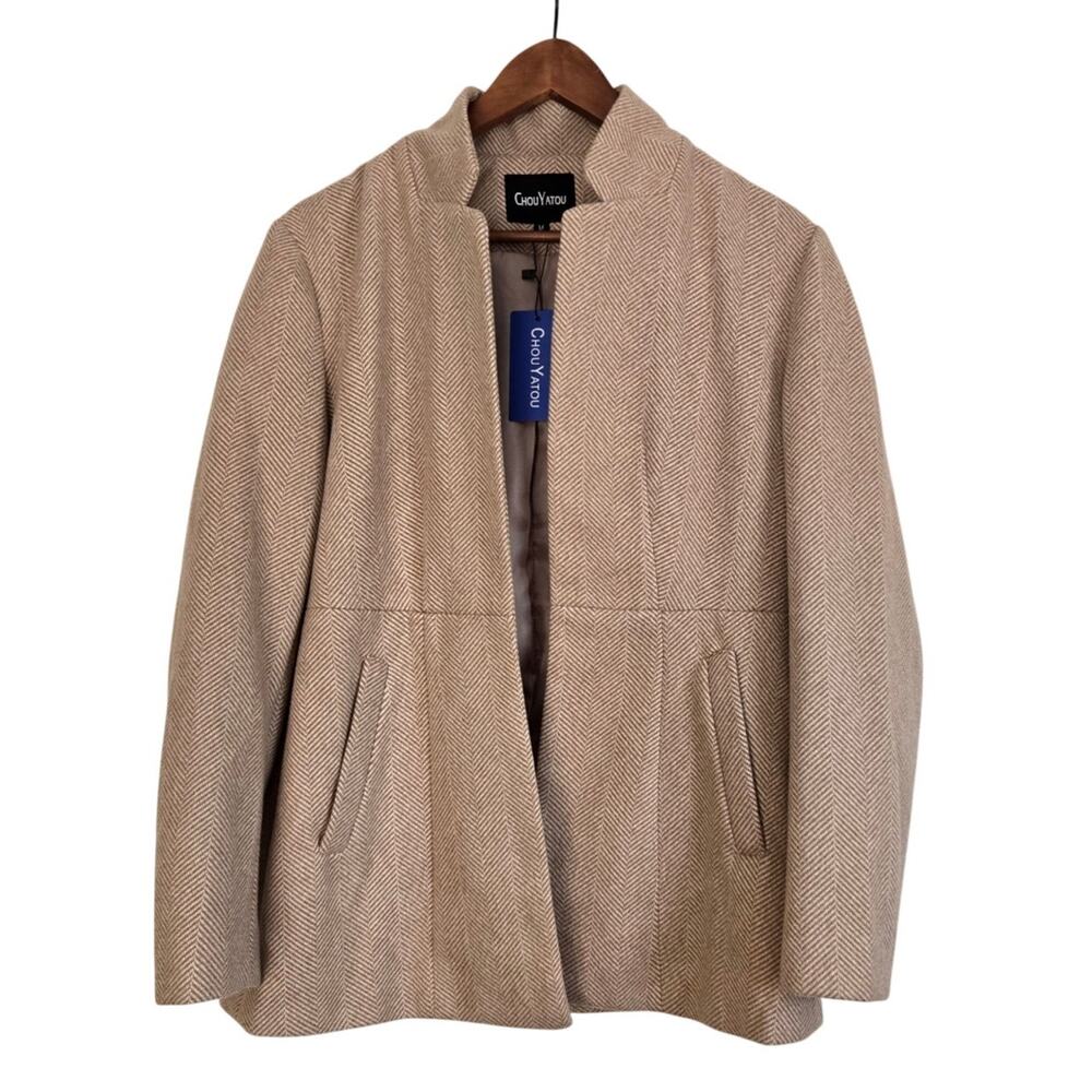 NWT Old Money Quiet Luxury Beige Herringbone Business Chic Dark Academia Coat M